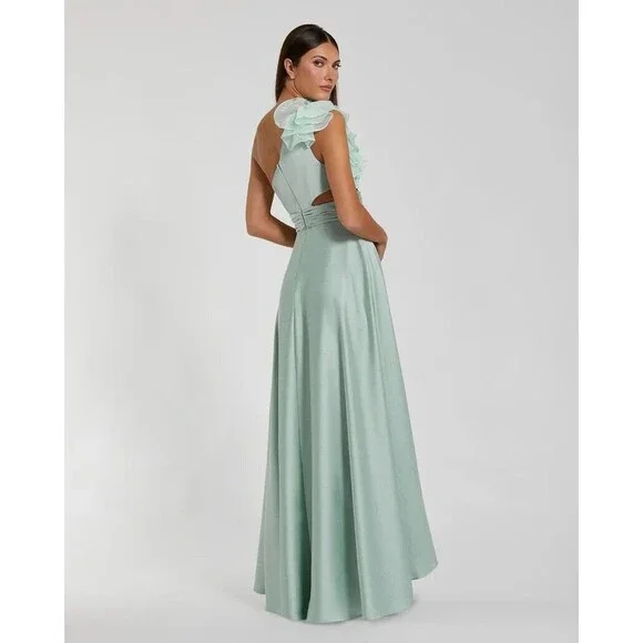 MAC DUGGAL RUFFLE ONE SHOULDER CUT OUT HI LOW DRESS SAGE‎ GREEN SZ 4 NEW $398